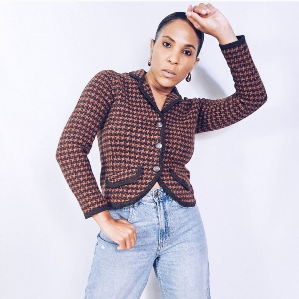 David Brooks Vintage Pumpkin Brown Houndstooth Lambswool Knit Sweater Blazer - Picture 14 of 15